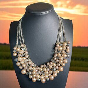 Loft Faux Pearl Cluster Statement Necklace Multi Strand Layered Bib Jewelry Glam